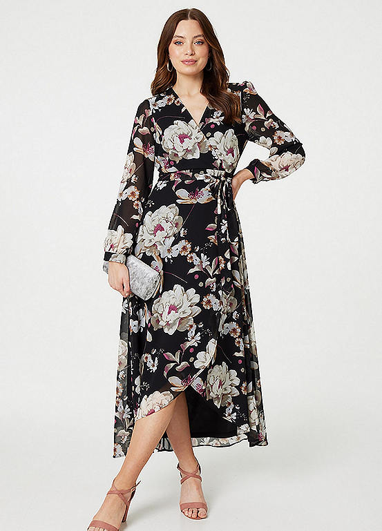 Izabel London Multi Black Floral Long Sleeve Tie Waist Wrap Midi Dress ...