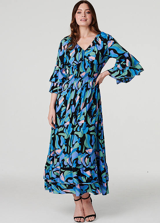 Izabel London Multi Blue Printed Ruffle Hem Empire Maxi Dress