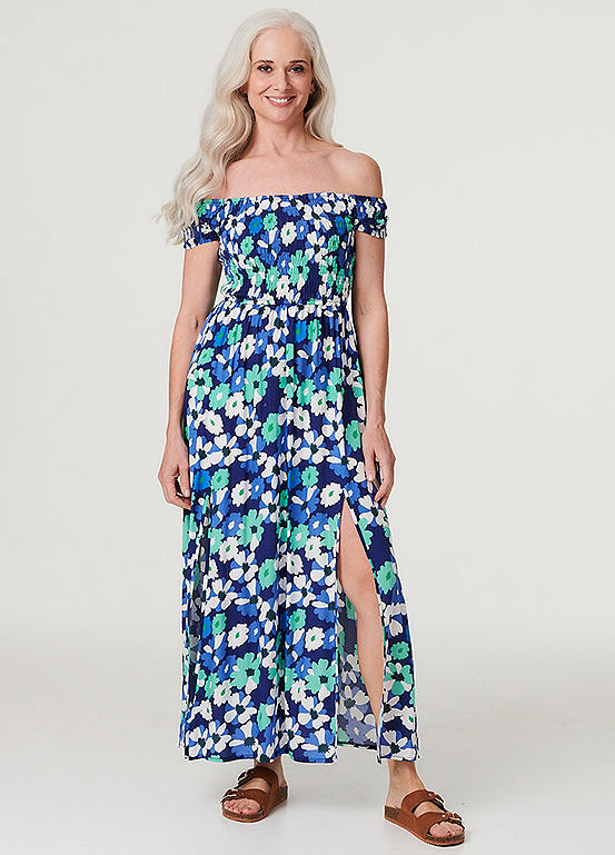 Izabel London Multi Navy Floral Bardot Split Hem Maxi Dress