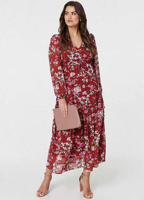 Izabel London Multi Red Floral Long Sleeve Tiered Maxi Dress | Kaleidoscope