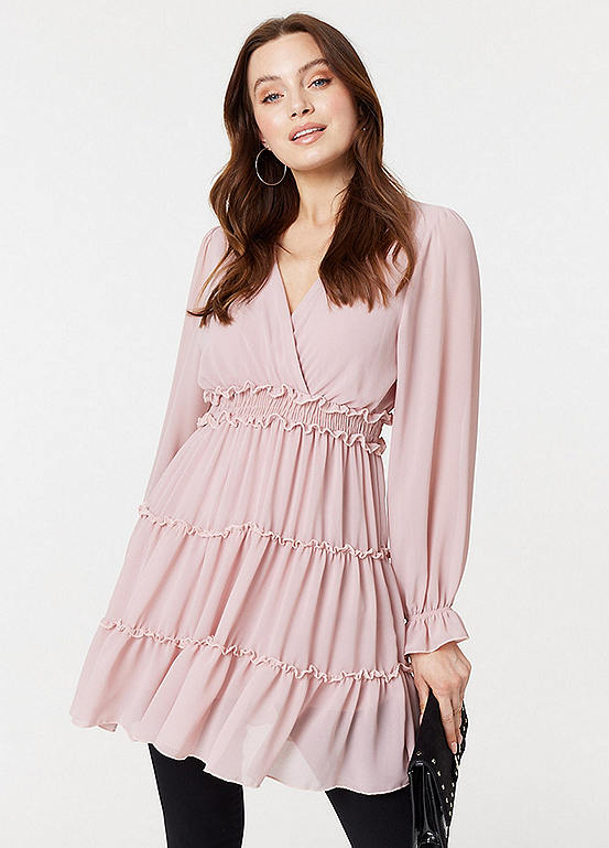 Izabel London Pink Lace Detail Long Sleeve Mini Dress