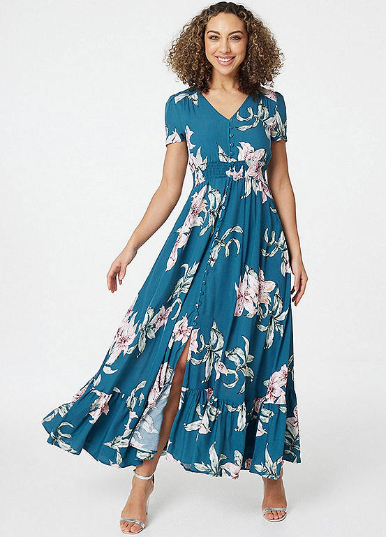 Izabel London Teal Floral Fit & Flare Maxi Dress | Kaleidoscope