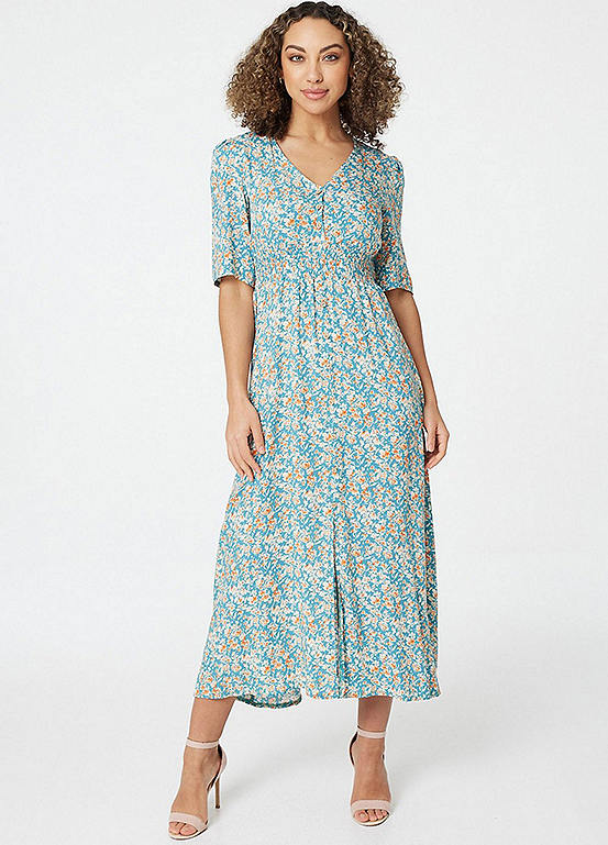 Izabel London Teal Floral Short Sleeve Maxi Dress | Kaleidoscope