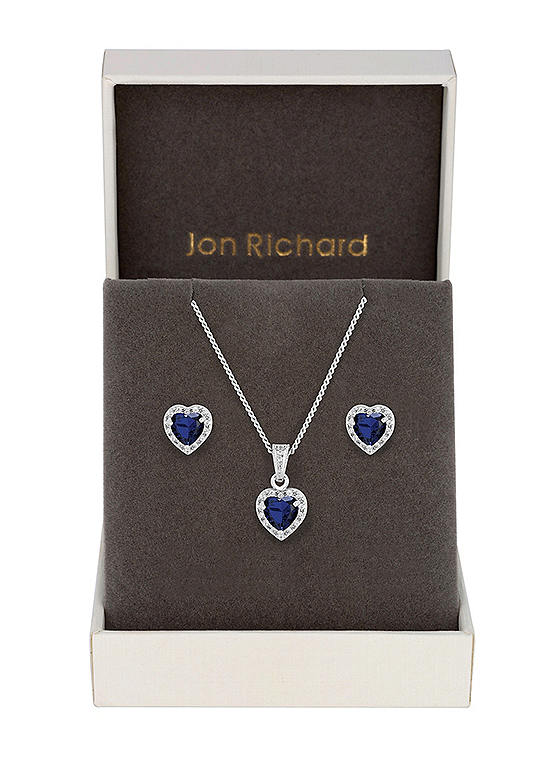 Jon Richard Rhodium Plated Blue Cubic Zirconia Heart Set - Gift Box