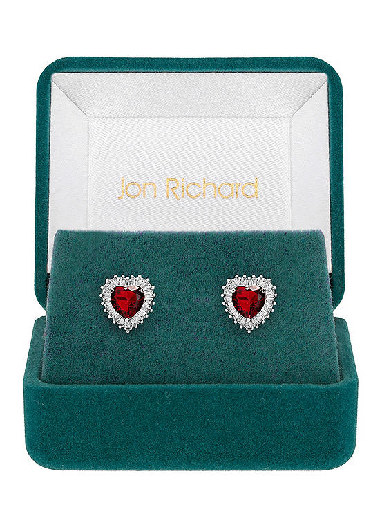 Jon Richard Rhodium Plated Cubic Zirconia Ruby Heart Stud Earrings