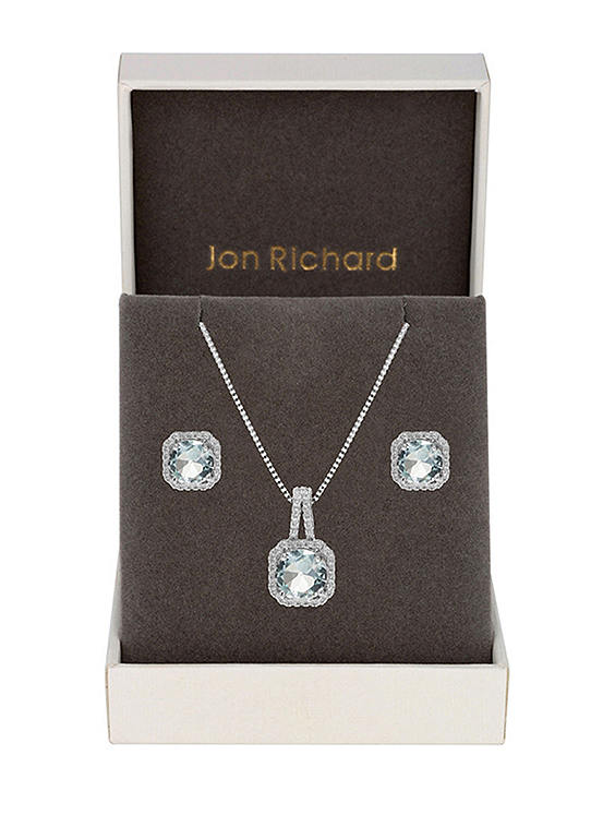 Jon Richard Silver Plated Aqua Blue Crystal Square Drop Set - Gift Boxed