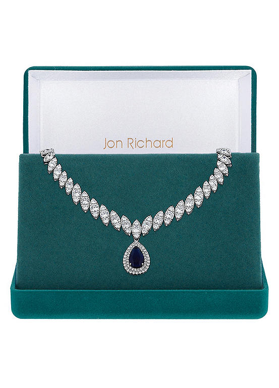 Jon Richard Silver Plated Cubic Zirconia Baguette Navette Blue Sapphire Pearl Drop Necklace - Gift Boxed