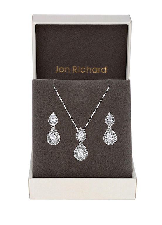Jon Richard Silver Plated Double Pear Drop Cubic Zirconia Set - Gift Boxed