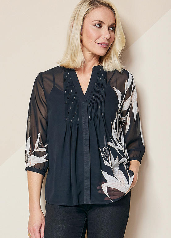 Kaleidoscope Floral Placement Print Monochrome Pintuck Blouse ...