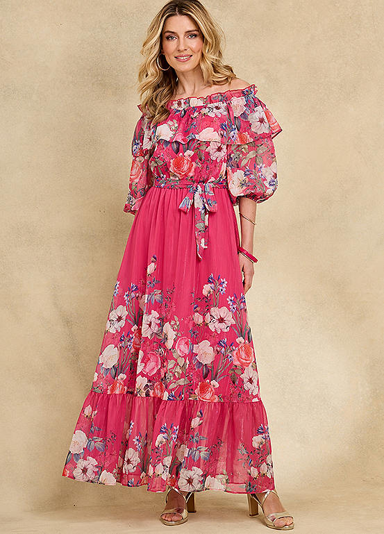 Kaleidoscope Floral Print Bardot Maxi Dress