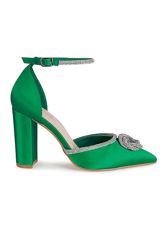 Linzi Flourish Green Satin Block Heel with Intertwined Diamante Detail ...