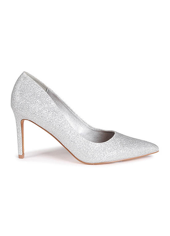 Linzi Overjoyed Silver Glitter Fabric Court Heeled Sandals | Kaleidoscope