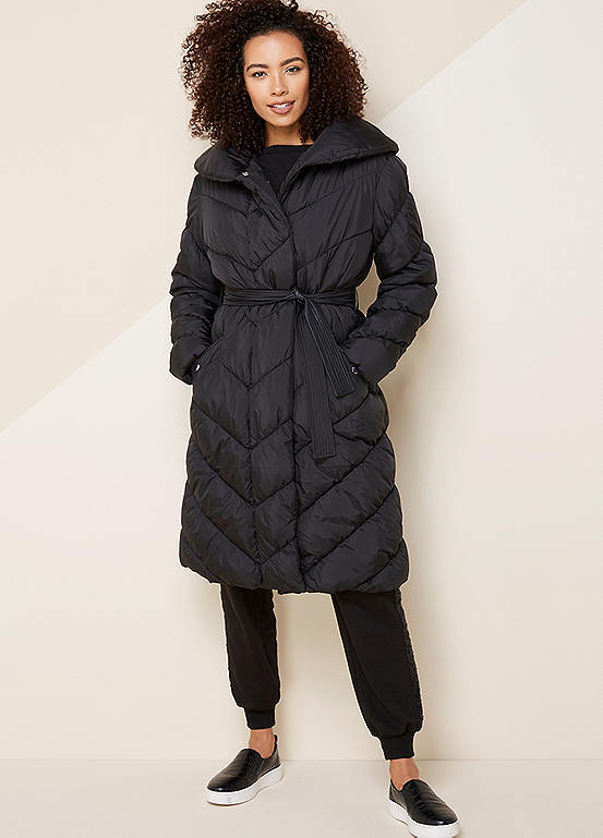 Longline Quilted Coat with PU Belt