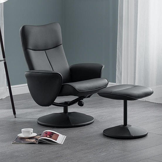 Lugano Reclining Black Faux Leather Chair & Footstool