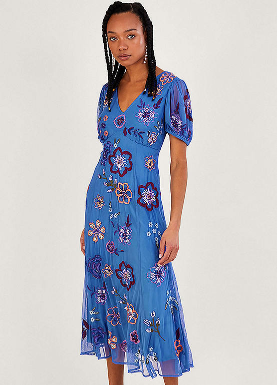 Monsoon Annie Embroidered Midi Dress in Recycled Polyester | Kaleidoscope