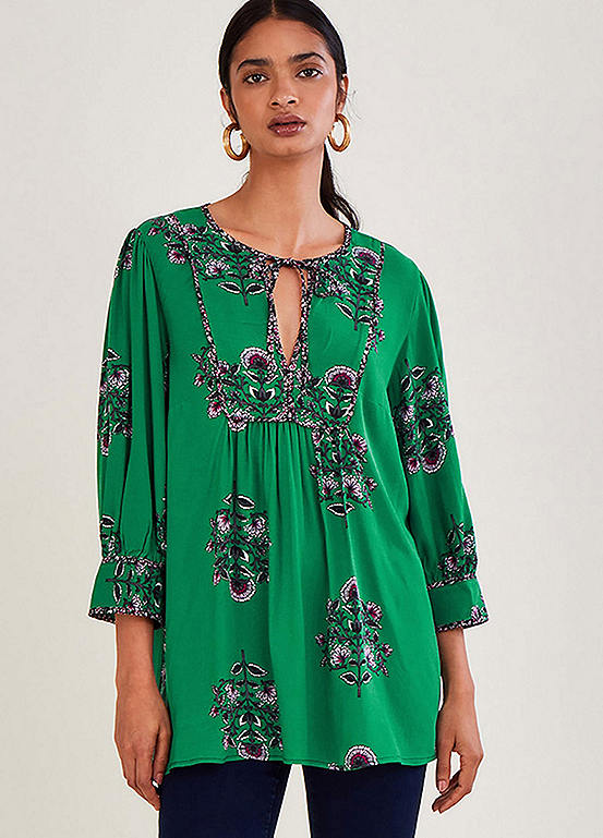 Monsoon Floral Large Scale Three-Quarter Sleeve Smock Blouse | Kaleidoscope