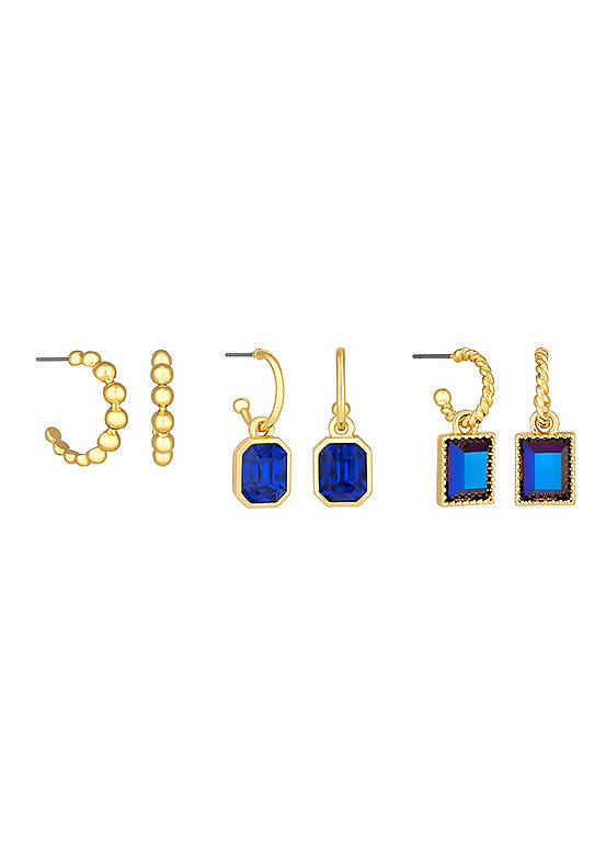 MOOD By Jon Richard Gold Metallic Blue Effect Stone Huggie Earrings - Pack of 3