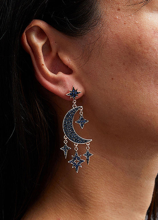 MOOD By Jon Richard Mood Rose Gold Blue Crystal Celestial Charm Drop Earrings