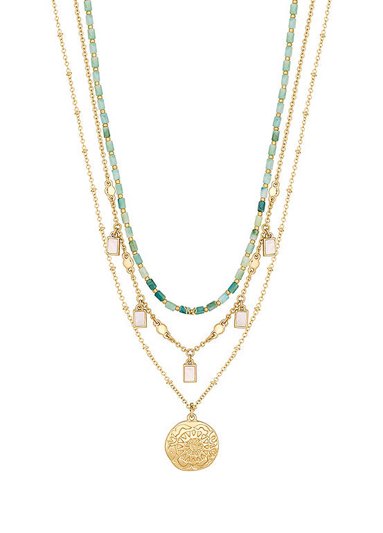 MOOD By Jon Richard Pack of 3 Gold Blue Coastal Bead and Mother of Pearl Charm Layered Necklaces