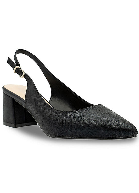 Paradox London Black Shimmer Wide Fit Mid Block Heel Sling Back Court Shoes