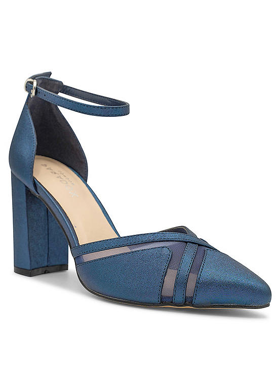 Paradox London Navy Shimmer ’Rhea’ High Block Heel Ankle Strap Court Shoes