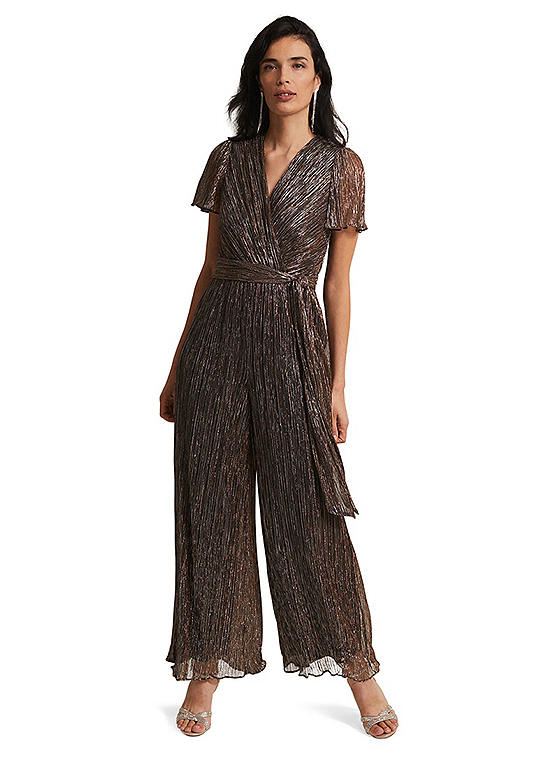 Phase Eight Stella Bronze Plisse Wide Leg Jumpsuit Kaleidoscope