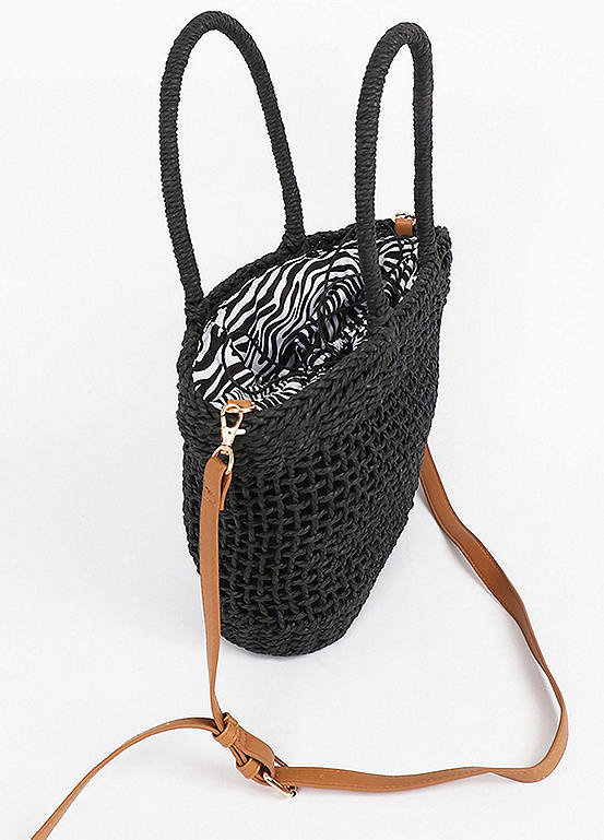 Pia Rossini Safari Black Open Weave Straw Beach Bag Kaleidoscope