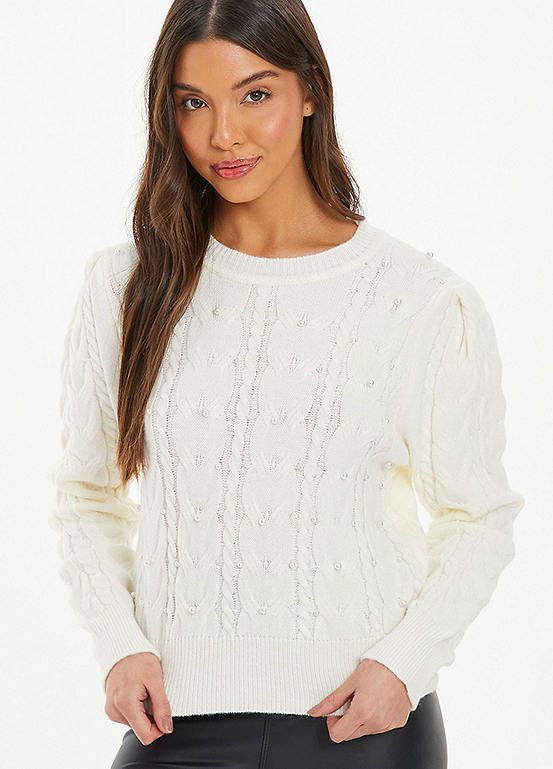 Quiz Cream Pearl Embellished Cable Knit Jumper Kaleidoscope