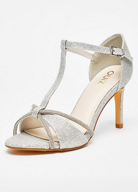 Quiz Silver Shimmer Diamante T-Bar Heel Sandals