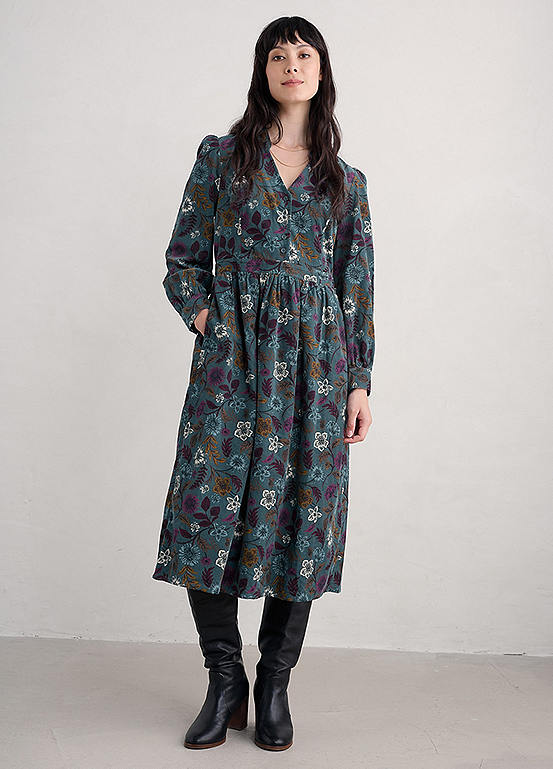 Seasalt Cornwall Blue Rose Cottage Printed Cord Midi Dress | Kaleidoscope