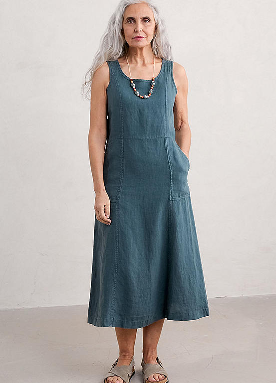 Seasalt Cornwall Blue Sleeveless Grass Wave Linen Dress | Kaleidoscope