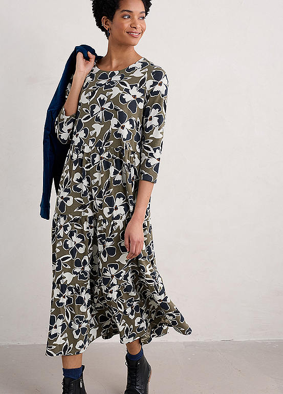 Seasalt Cornwall Green Line Strokes Tiered Jersey Dress | Kaleidoscope