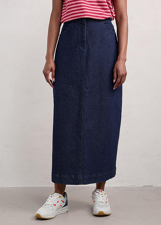 HONEYSEED FRONT TAB SKIRT-MIDI NAVY