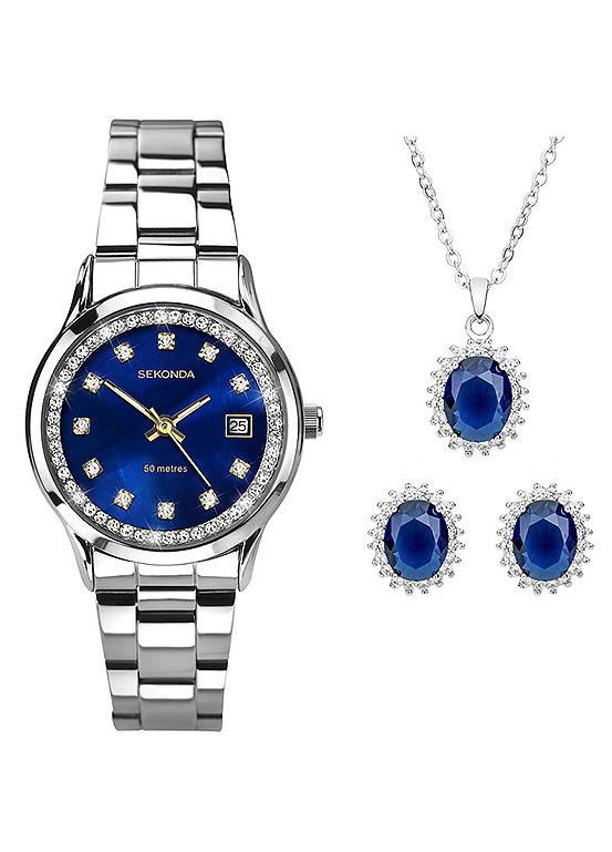 Sekonda Ladies Catherine 3 Piece Gift Set with Blue Mother of Pearl Dial Watch, Blue Glass Pendant & Matching Earrings