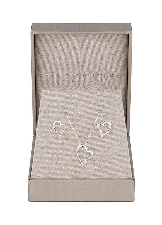 Simply Silver Sterling Silver 925 Cubic Zirconia Heart Set - Gift Boxed