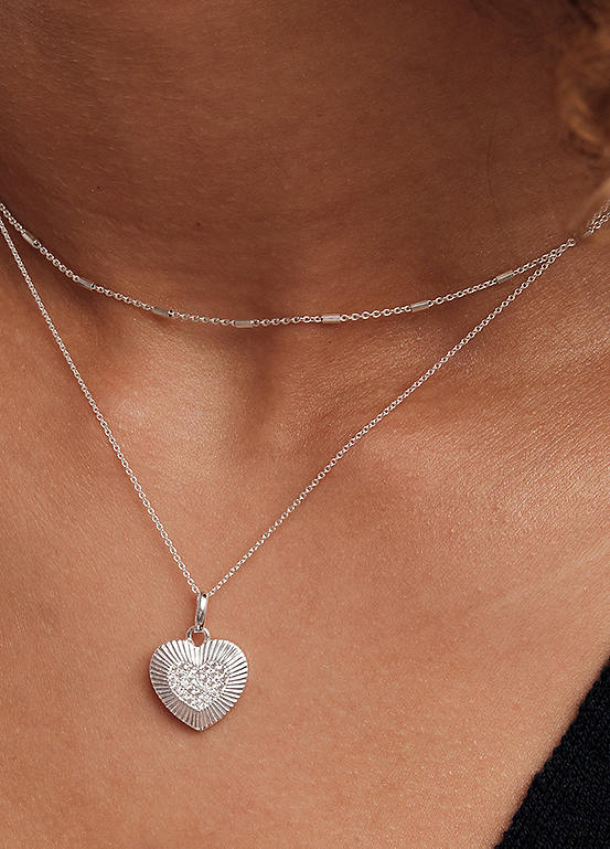 Simply Silver Sterling Silver 925 Polished & Pave Heart Pendant Necklace