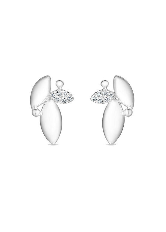 Simply Silver Sterling Silver 925 Polished and Cubic Zirconia Leaf Stud Earrings