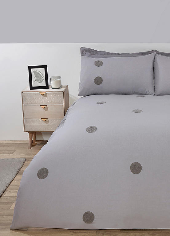 Sleepdown Grey Embroidered Tufted Polka Dot Circles Duvet Cover Set