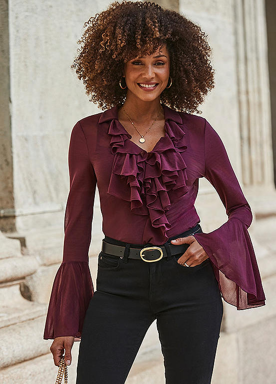 Ruffles Open Blouse in Burgundy main image 0