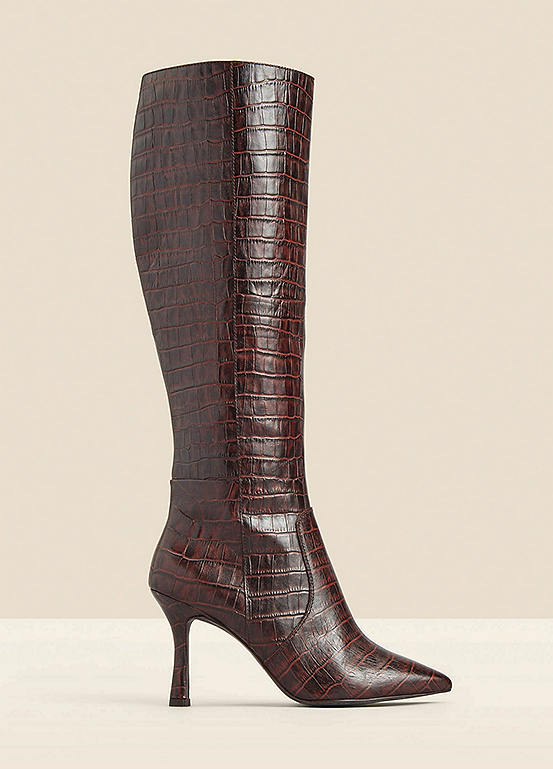 Sosandar Chocolate Brown Croc Leather Knee High Boots