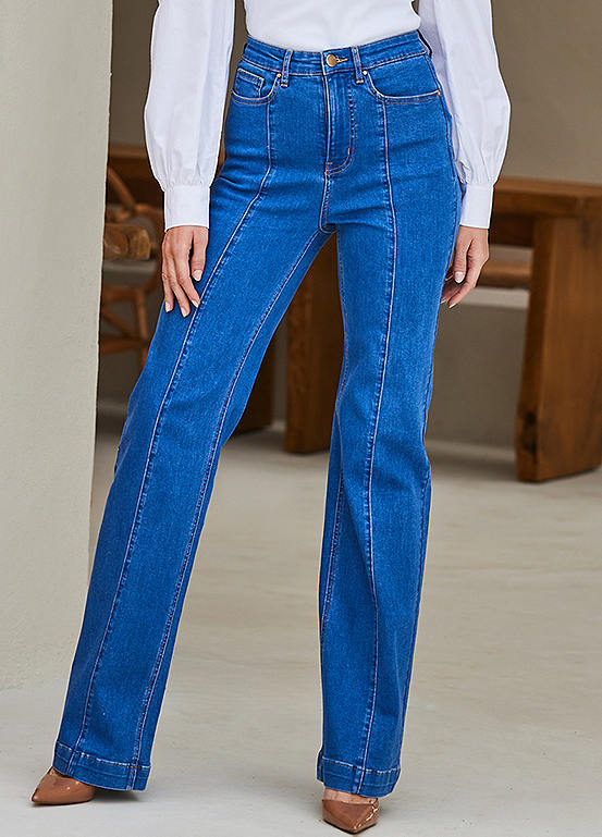 Sosandar Mid Blue Wide Leg Pintuck Jeans