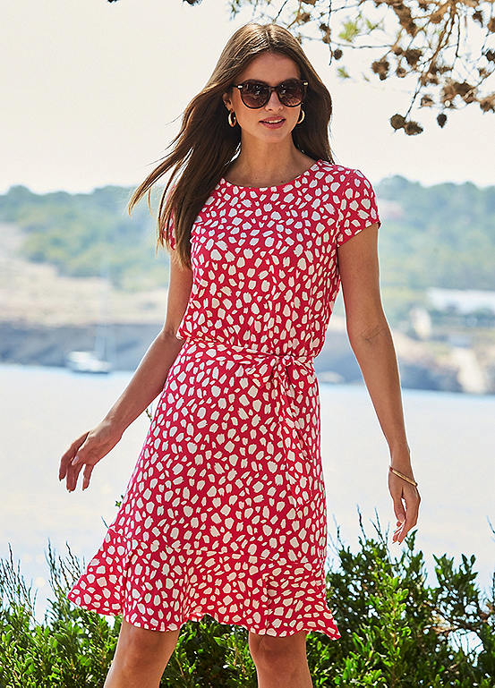 Sosandar Pink & White Spot Print Frill Hem Tie Waist Jersey Dress