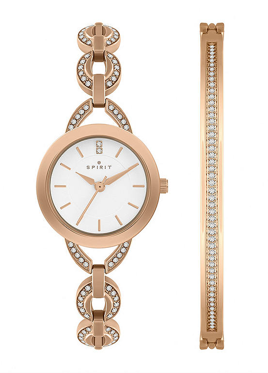 Spirit Ladies Polished Pale Rose Gold Link Bracelet Watch & Bangle Set