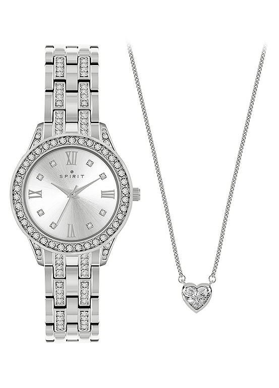 Spirit Ladies Polished Silver Bracelet Watch & Heart-Shaped Stone Chain Necklace Set
