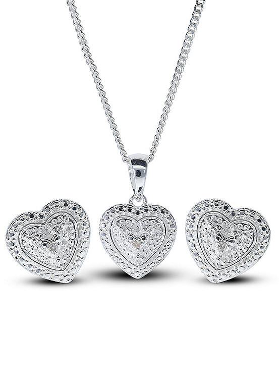 Sterling Silver Diamond Heart Earrings & Pendant Set