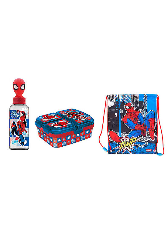Stor Spiderman Triple Set - XL Multi Compartment Sandwich Box, 3D Figurine Drinks Bottle & Drawstring Lunch Bag
