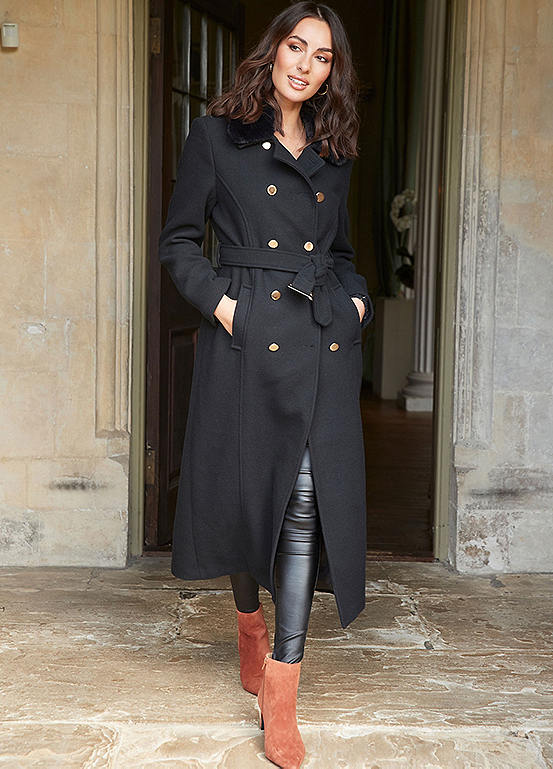 Together Longline Military Coat with Fur Collar