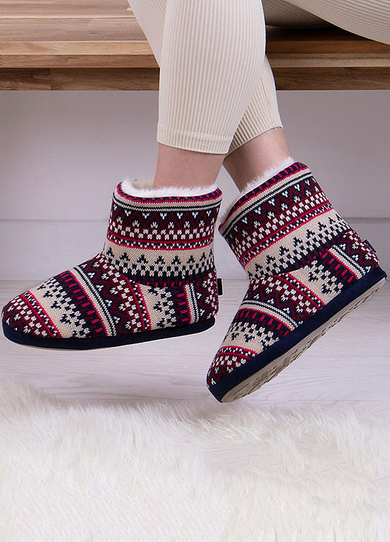 Totes Ladies Fair Isle Berry Knit Boot Slippers