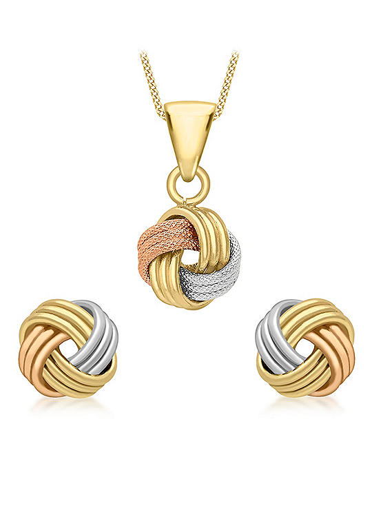 Tuscany Gold 9ct 3-Colour Gold Textured & Polished 4-Way Triple-Knot Pendant & Stud Earrings Set