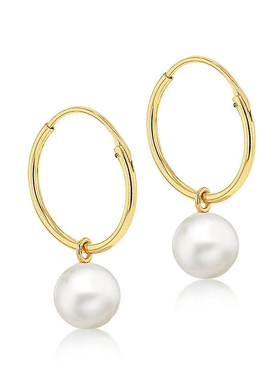 Tuscany Gold 9ct Yellow Gold 6mm Fresh Water Pearl 13mm Endless Hoop Drop Earrings